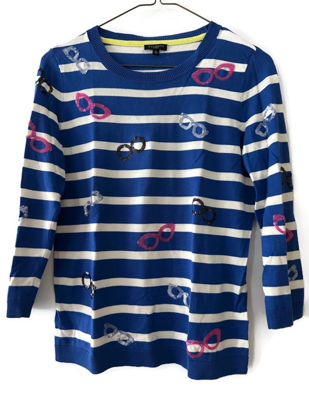 Talbots Petites Royal Blue & White Striped Knit Sweater with Sunglass Embroidery